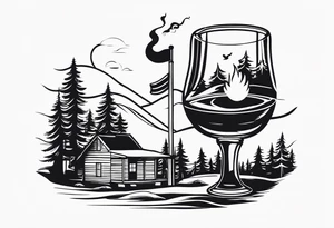 cross with whiskey glass, golf club, camp fire and cabin in the quandrants tattoo idea