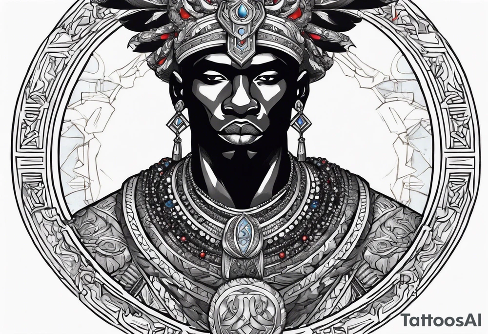 An african god, a bald black-skinned warrior, that uses a sword and a silver crown. He also uses blue and red necklaces tattoo idea