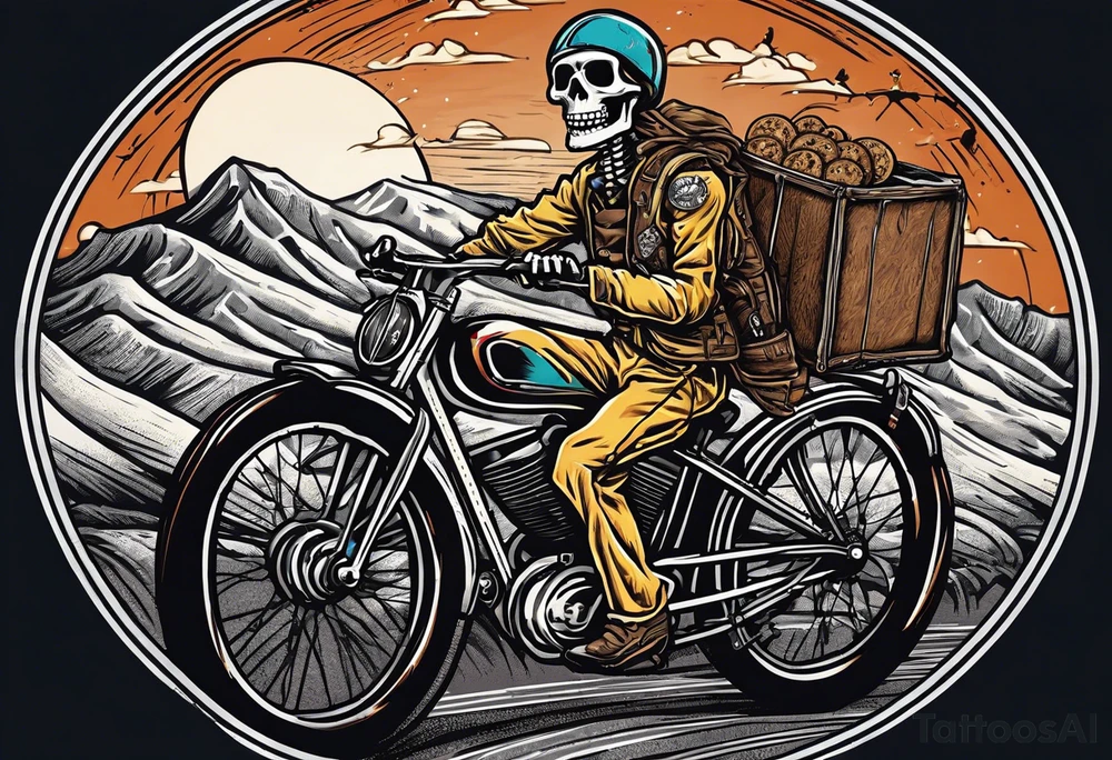 Lifelike skeleton wearing bicycle uniform while riding a road bike. The skeleton is grinning and holding a cookie in its left hand tattoo idea