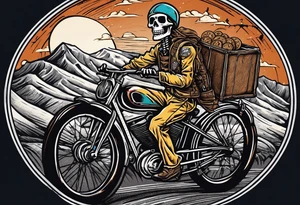 Lifelike skeleton wearing bicycle uniform while riding a road bike. The skeleton is grinning and holding a cookie in its left hand tattoo idea