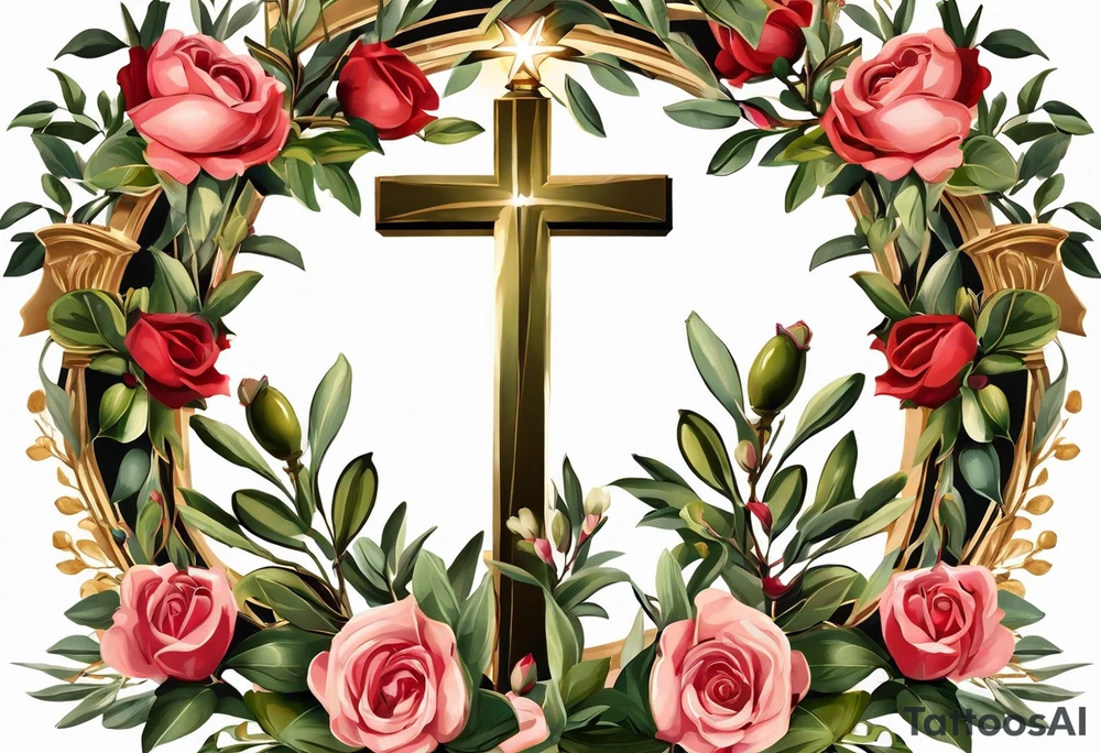 this ins meant to be a collage style that will cover the forearm from the wrist to elbow. Give me an olive branch on wirst at bottom shaped like a manura lamp. A cross above that with smallers olive and rose branches and roses arount it with a crown above the cross on bothe sides small hebrew letters that say king of glory and the other says yeshua messiah in hebrew . Not too many roses. Only black and white tattoo idea