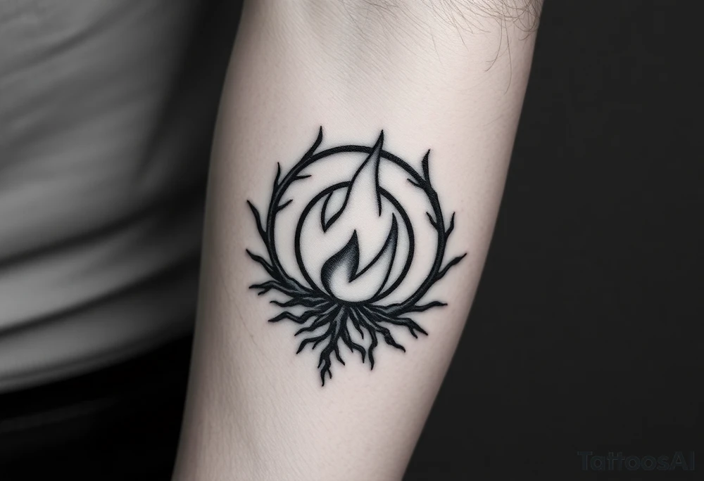 a round flame imprisoned in a roots circle tattoo idea