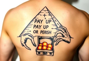 "Great Pyramid with 'PAY UP OR PERISH' carved in hieroglyphs. Alien hands (in white gloves) exchange a briefcase of glowing orbs.  

Style: 1950s pulp sci-fi. Colors: sand yellow/black/purple." tattoo idea