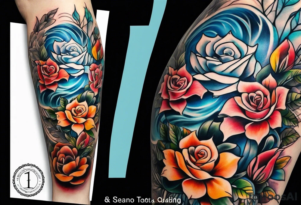 Front knee tattoo with fall colors, small flowers, rose, leaves, blue water flows with washes and background tattoo idea