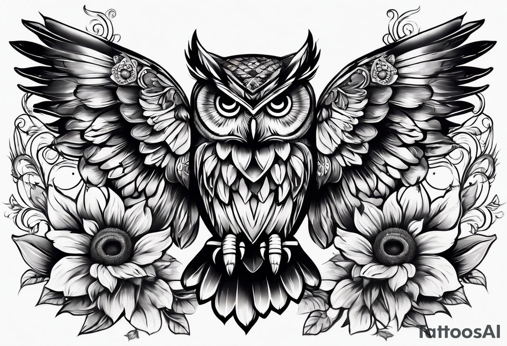 Small owl with butterfly and sunflower leg sleeve tattoo idea