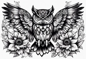 Small owl with butterfly and sunflower leg sleeve tattoo idea
