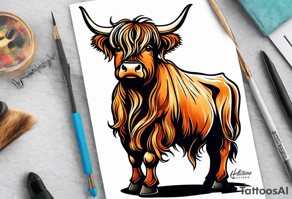 goofy highland cow standing on hind legs tattoo idea