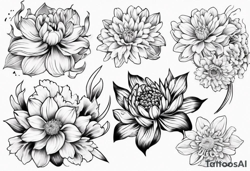 tattoo Japanese style with daffodils, chrysanthemum and waves background tattoo idea