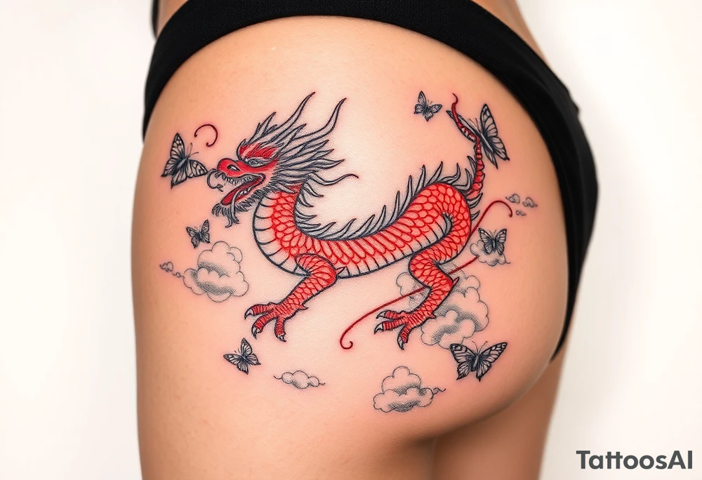 Red Chinese dragon thigh tattoo surrounded by clouds and butterflies.. make it cohesive tattoo idea