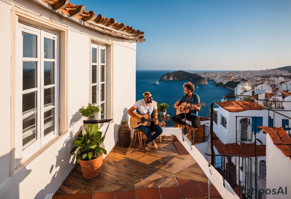 i know the beaches and the touristic district is very pretty, but actually, what I remember the most is playing some raggae music on the rooftop of the airbnb where I was staying at with the hosts. one was a tall skinny blonde dutch guy and the other was a stocky short greek guy. how would you be able to integrate that? I played the acoustic guitar tattoo idea