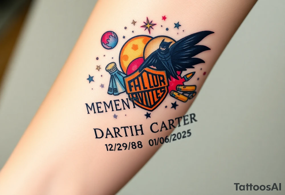 colorful futuristic memory tattoo for passed boyfriend;, star wars, space, Harley Davidson, batman, skateboarding, camping, puzzle pieces, video games, heaven, god, outdoors, bullets, words MEMENTO MORI & DARTH CARTER 12/29/88-01/06/2025 tattoo idea