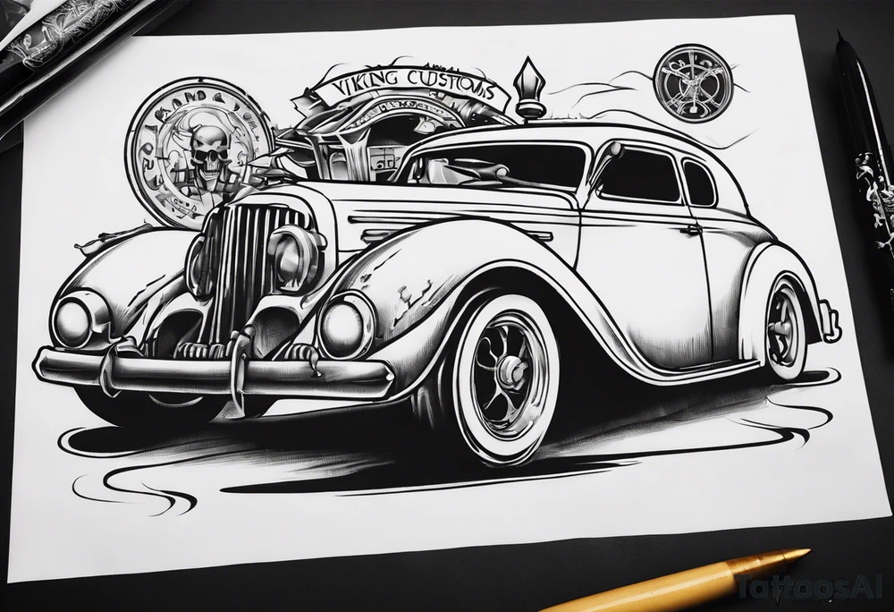 I want a tattoo of an old vintage classic car and a skeleton in the back with the name “Viking Customs” incorporated in the design tattoo idea