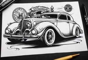 I want a tattoo of an old vintage classic car and a skeleton in the back with the name “Viking Customs” incorporated in the design tattoo idea