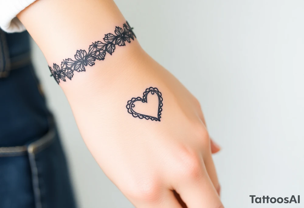 A heart-shaped lace pattern bracelet in black and silver, with a delicate filigree border tattoo idea