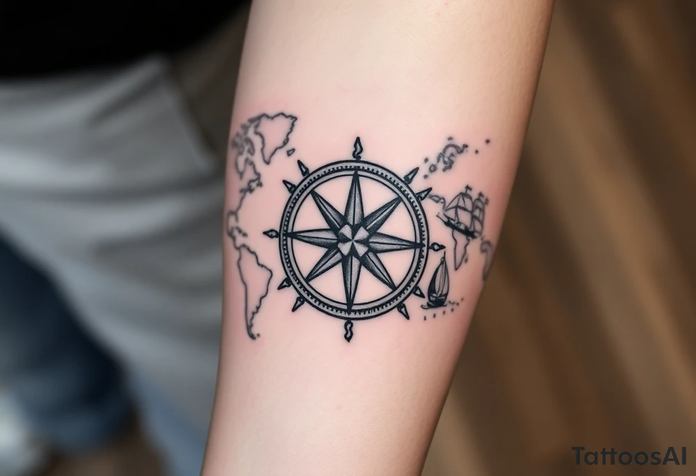 antique compass rose overlaid on weathered world map with sailing ships tattoo idea