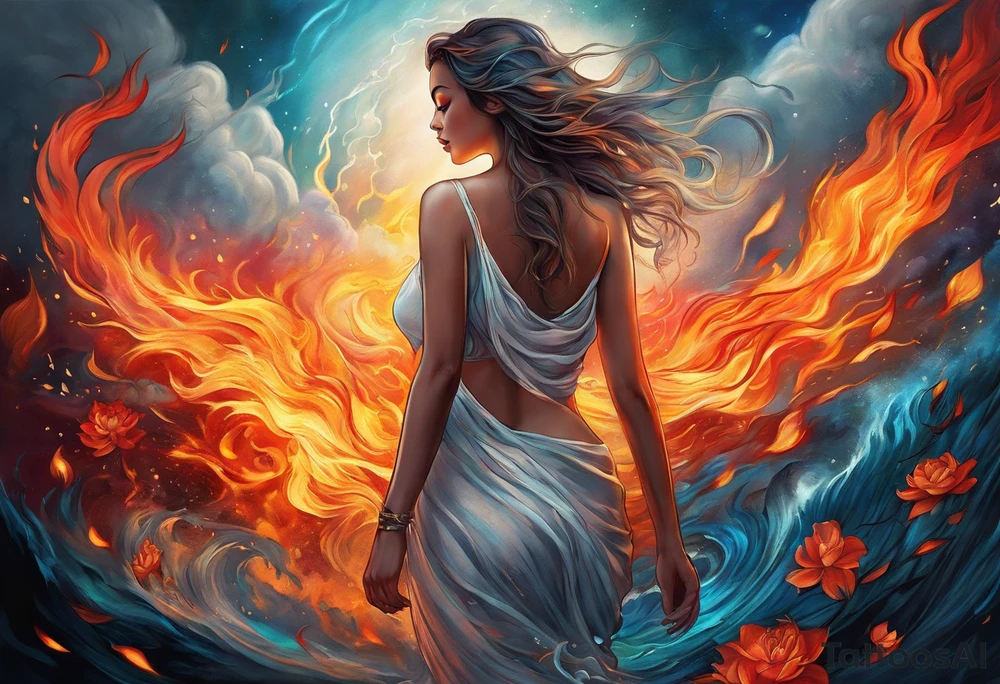 Resurrection strength and courage overcoming trauma Beautiful Woman walking away from 
fire and chaos to inner peace and self-love  ethereal tattoo idea