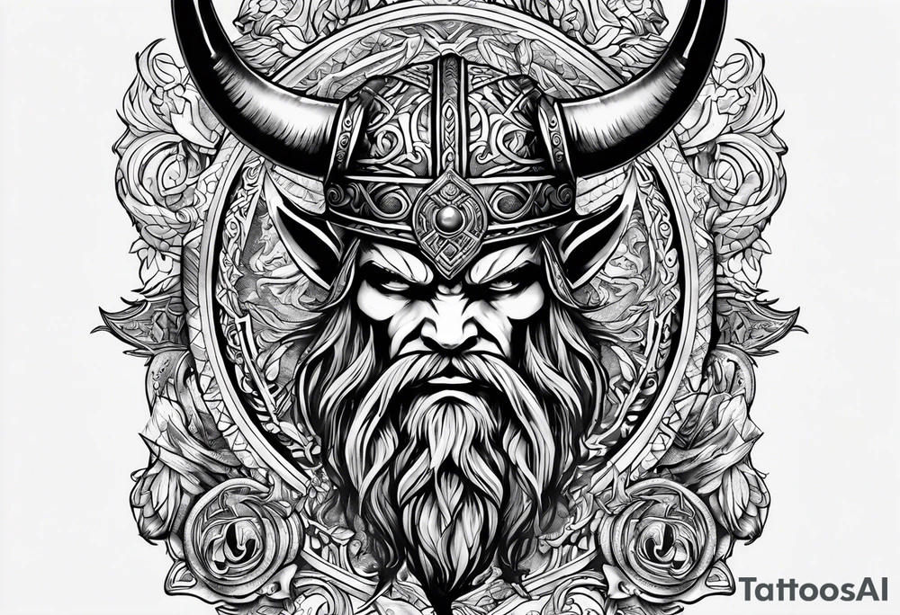 Triple horns tattoo with viking art around it tattoo idea
