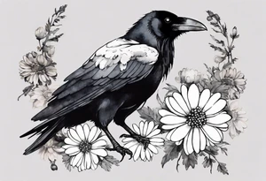 a raven with a small white chrysanthemum headband tattoo idea