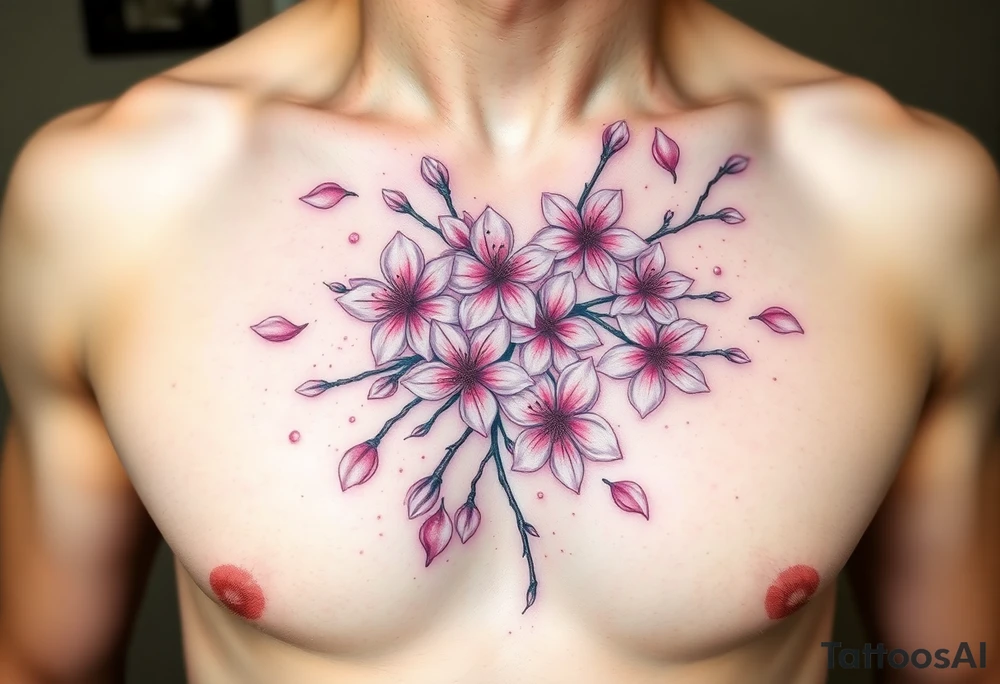 delicate cherry blossoms swirling in spring breeze with petals tattoo idea