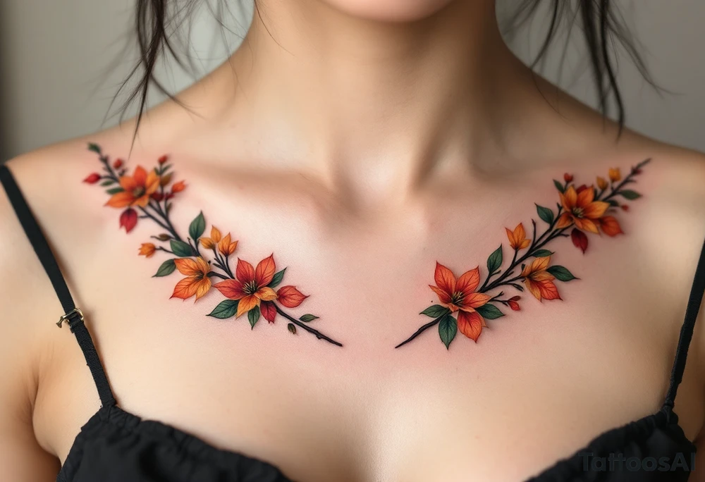 Two separate collarbone tattoos of long, stems and branches covered with red, orange, yellow and dark forest green leaves and flowers, fall themed, muted, delicate and gentle but moody, long and thin, following the collarbone. More muted, not so bright, darker colors tattoo idea