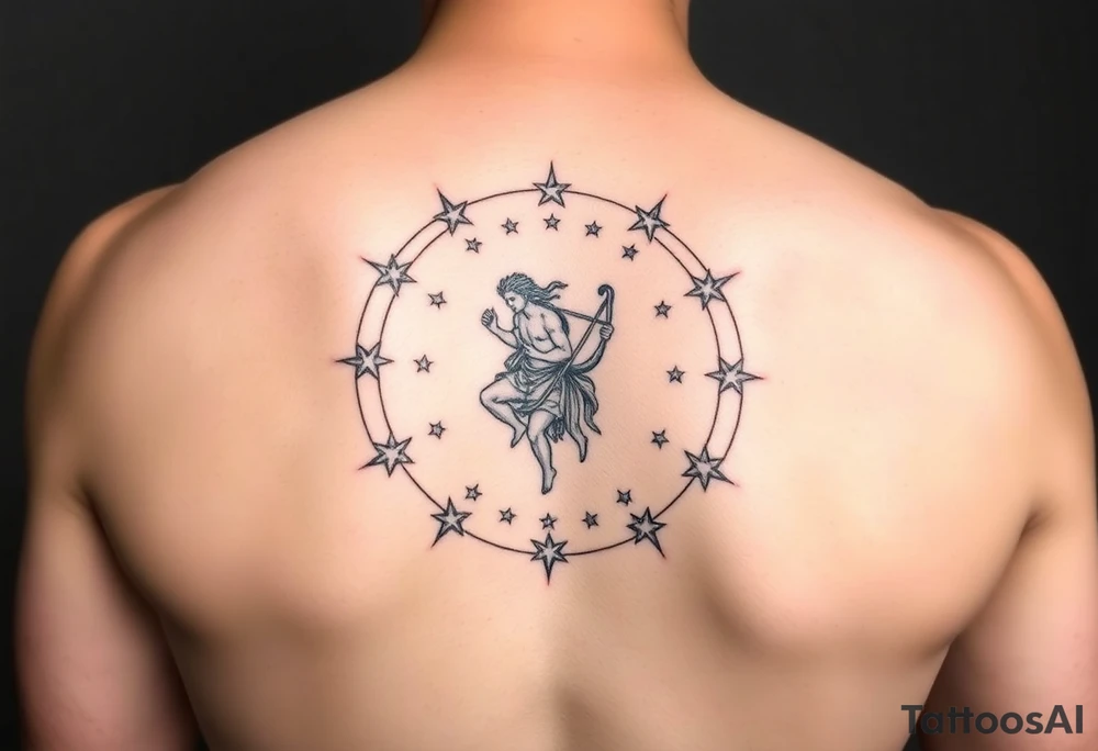 For the tattoo, you could have Apollo at the center of the constellation or circle of stars, holding his lyre (which represents harmony and creativity) or a bow (symbolizing precision and aiming toward your goals). His radiance could emanate outward, subtly merging with the stars or constellation, representing how your potential—though it might still be unfolding—is being guided and illuminated by his influence.

You could also place the one "unreached" star just slightly outside of the central circle, with Apollo’s light reaching toward it, signifying that while you may not have fully realized your potential yet, it's something that Apollo's guidance can help bring into focus tattoo idea