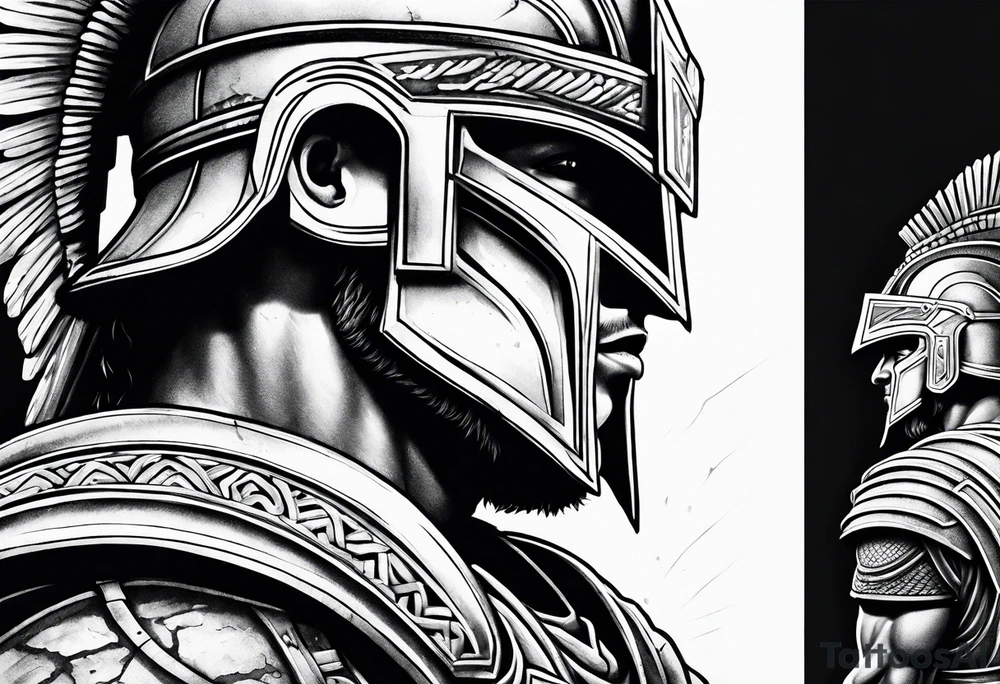 Side profile of spartan soilder with ancient ruins in background tattoo idea