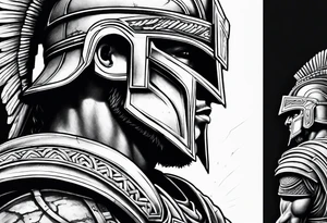 Side profile of spartan soilder with ancient ruins in background tattoo idea