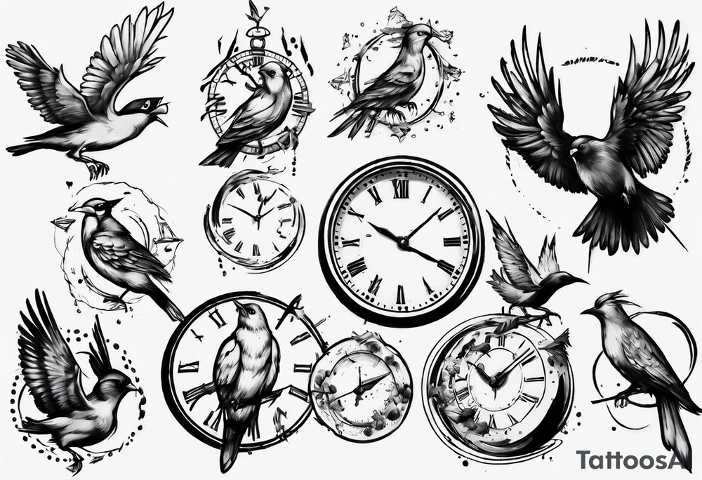 clock explodes into birds tattoo idea