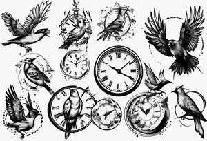 clock explodes into birds tattoo idea