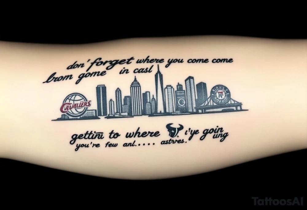 I want you to create me a tattoo that says “don’t forget where you come from” and under that I want to Cleveland skyline the Cleveland Cavaliers logo, the Cleveland Browns logo and the Cleveland Indians logo underneath that I want it to say “getting to where you’re going” and under that I want the Houston skyline and behind the Houston skyline I want The Houston Rockets, the Houston, Texans and the Houston Astros logos tattoo idea