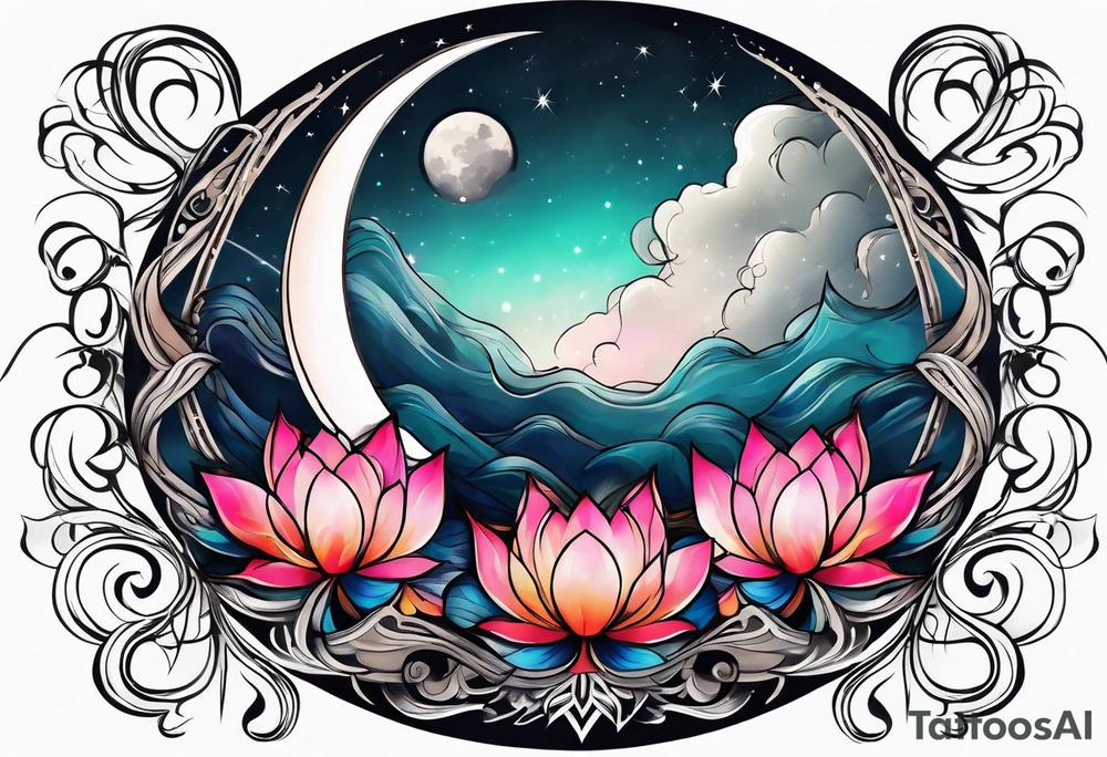 Moon surrounded by ribbons of smoke that dissolve into a lotus tattoo idea