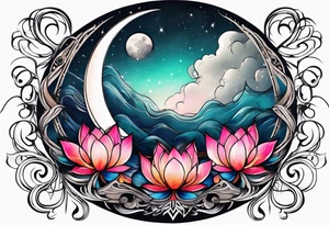 Moon surrounded by ribbons of smoke that dissolve into a lotus tattoo idea