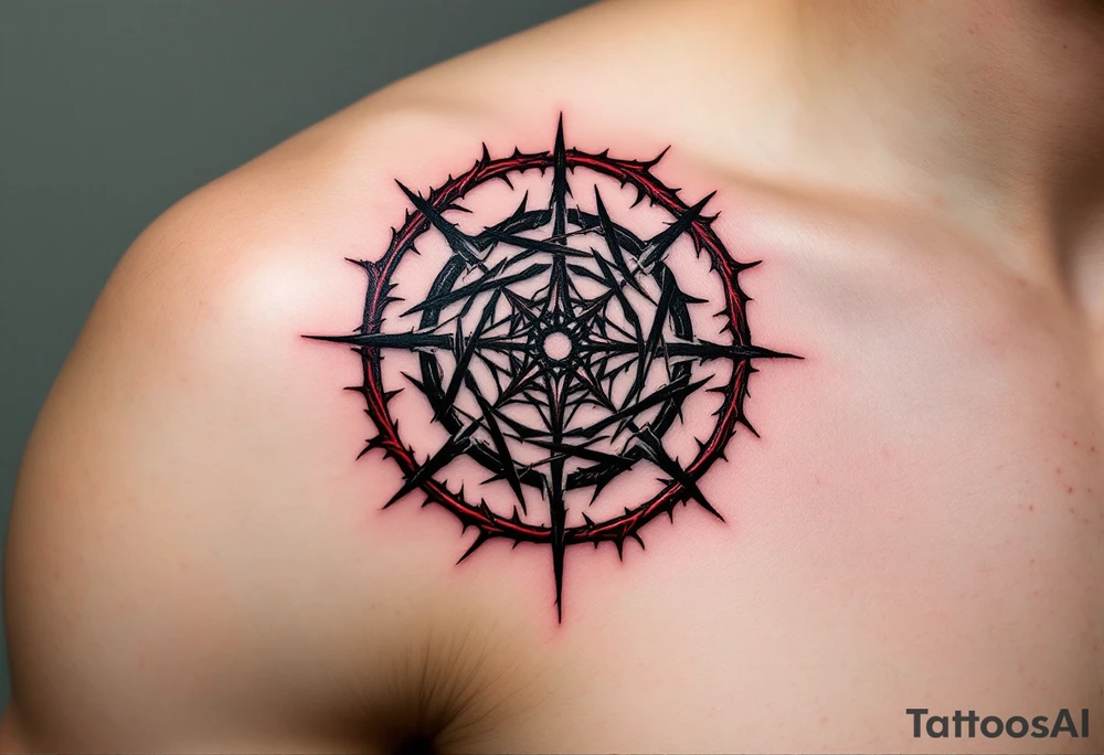A black protective sigil on parchment-toned skin, encased in a circle of red thorns. tattoo idea