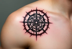 A black protective sigil on parchment-toned skin, encased in a circle of red thorns. tattoo idea