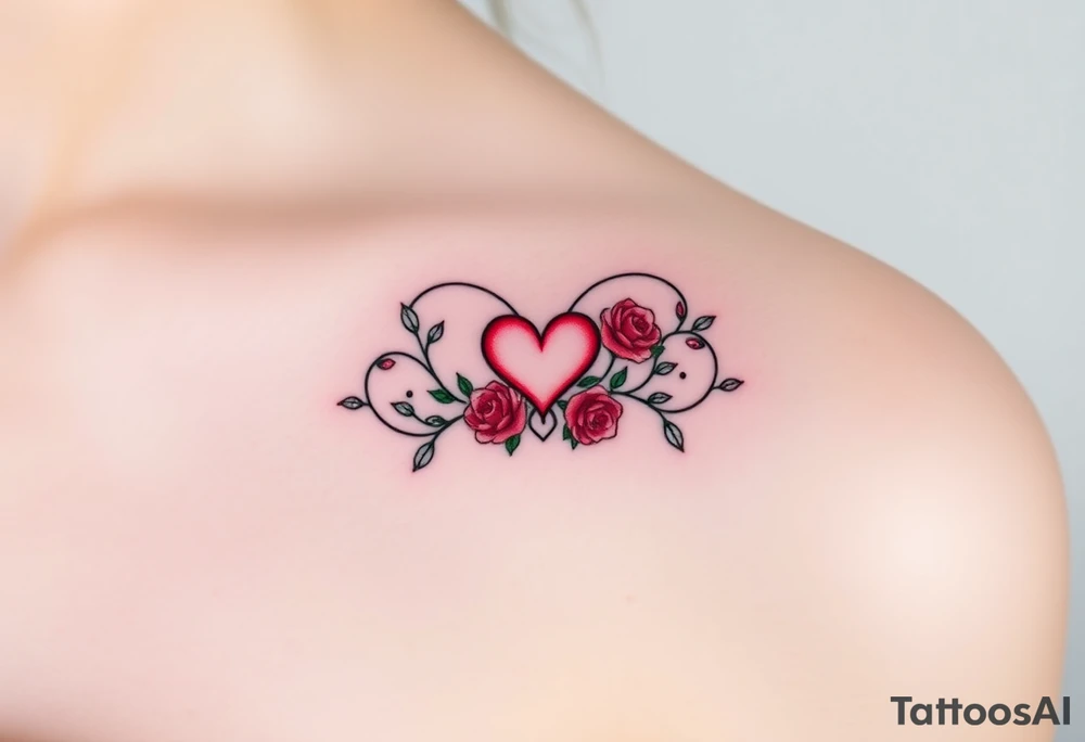 A infinity symbol made out of vine banches with delicate roses and a heart at its center, in soft red and green hues tattoo idea
