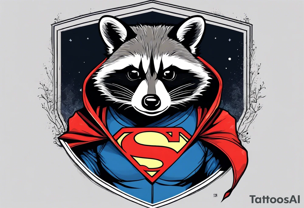 raccoon wearing a Superman hoodie tattoo idea