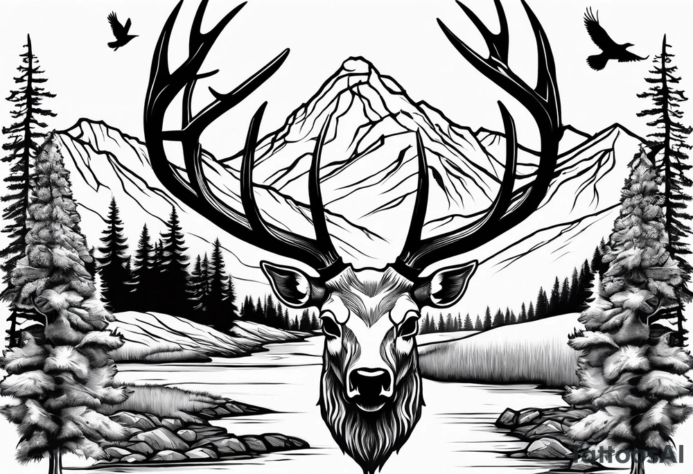 elk skull with mountains and trees
with a stream and birds overhead tattoo idea