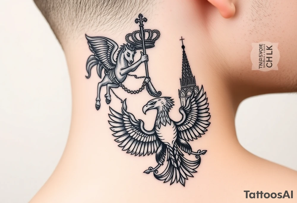 St. George slaying the dragon (hugely common in Russian Orthodox art)
Russian imperial crown above the eagle
Crossed swords or a Russian sabre
The Kremlin or St. Basil's Cathedral scene tattoo idea