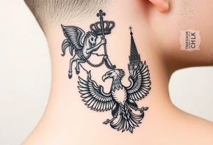 St. George slaying the dragon (hugely common in Russian Orthodox art)
Russian imperial crown above the eagle
Crossed swords or a Russian sabre
The Kremlin or St. Basil's Cathedral scene tattoo idea