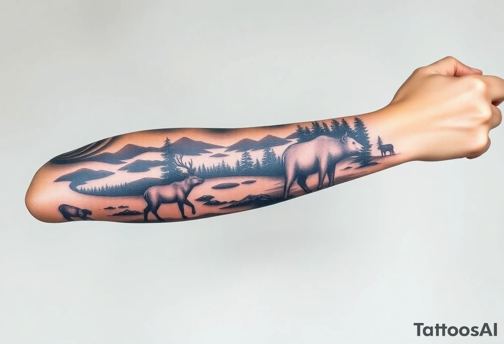 A full-sleeve with the Härjedalen landscape, reindeer, bear, lakes, tattoo idea