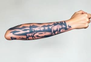 A full-sleeve with the Härjedalen landscape, reindeer, bear, lakes, tattoo idea