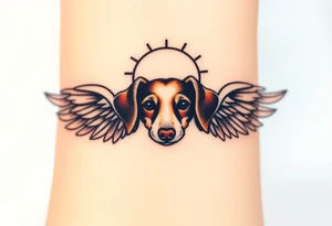 Dachshund ears inside wings with a halo above tattoo idea