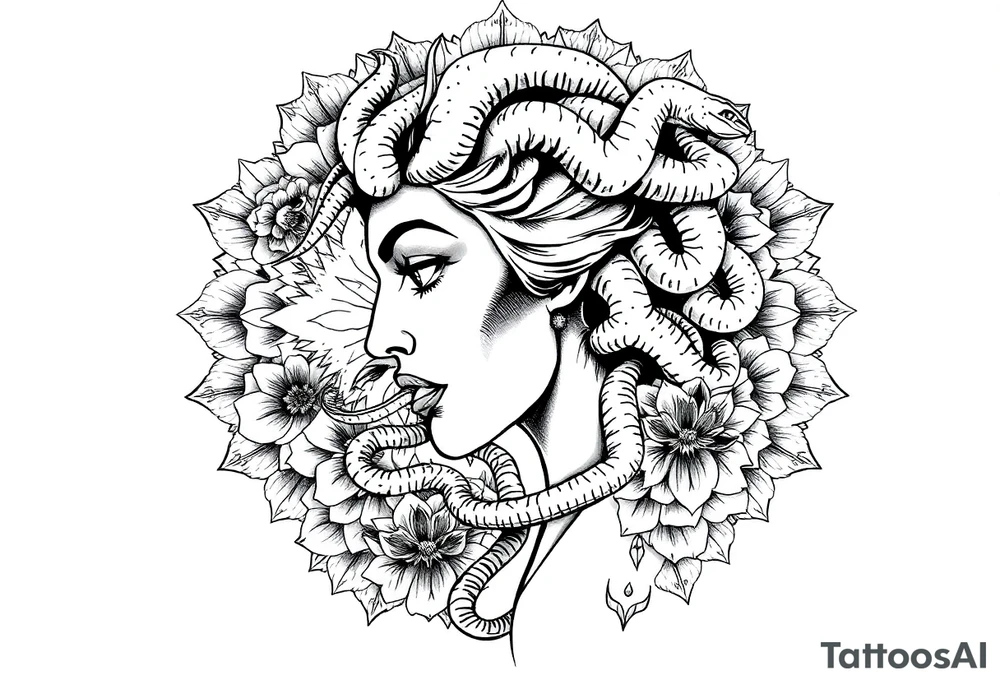 Side portrait of Medusa with snake heads, flowers and mandala background tattoo idea