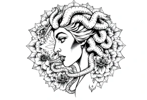 Side portrait of Medusa with snake heads, flowers and mandala background tattoo idea