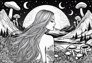 Blonde long straight hair older woman no makeup surrounded by mushrooms facing away mountains crescent moon background tattoo idea