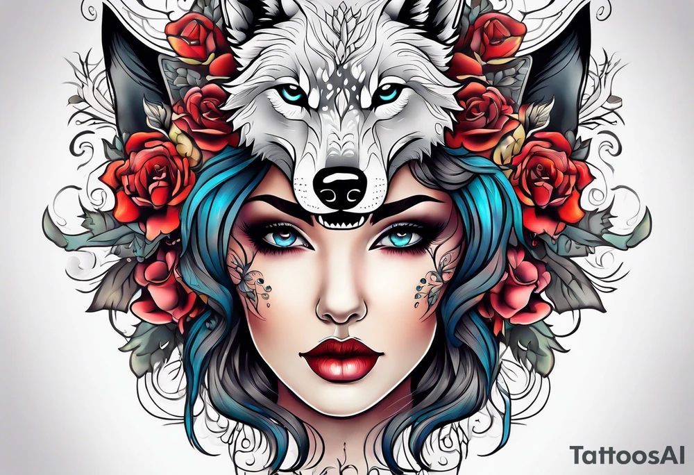 Wolf skull on woman’s head tattoo idea