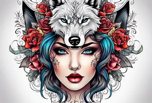 Wolf skull on woman’s head tattoo idea