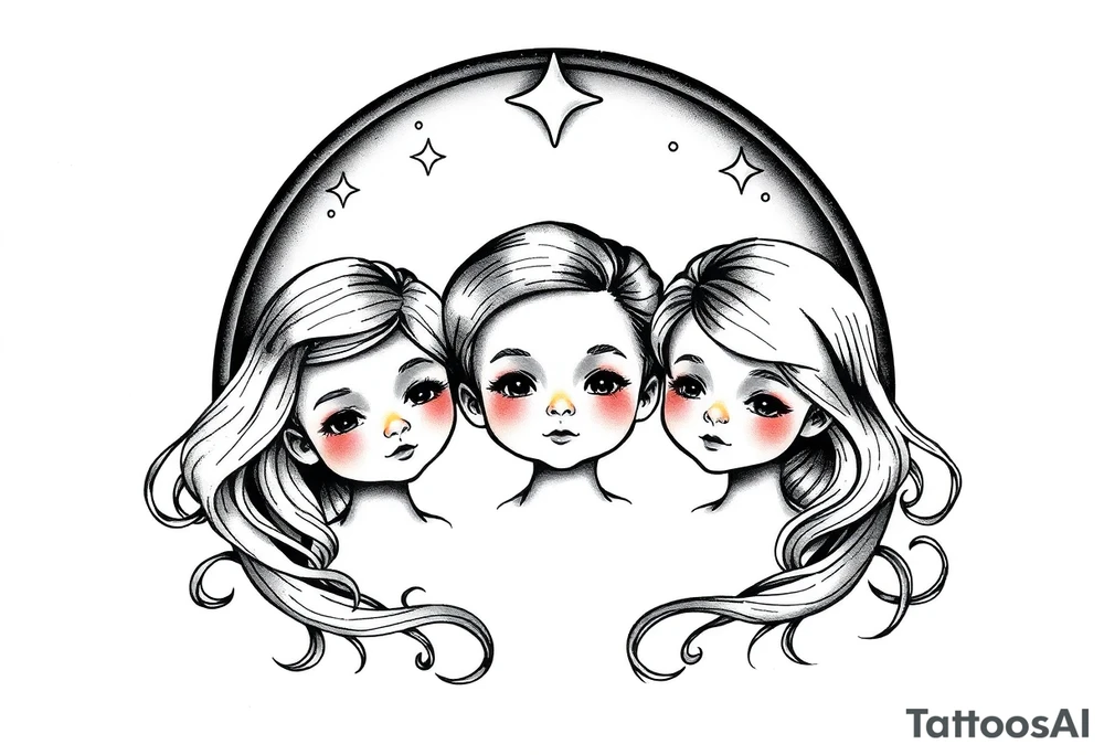 3 petites filles ( une cheveux noir et deux blondes)
sous un arc en ciel incomplet tattoo idea