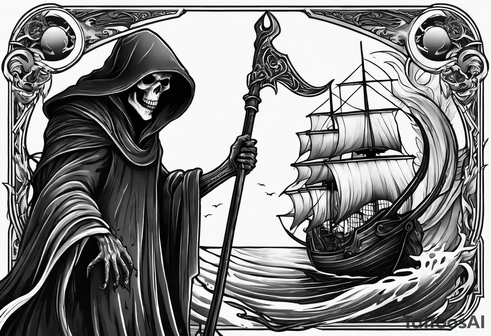 Grim reaper with a kraken in the background tattoo idea