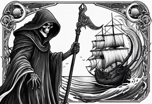 Grim reaper with a kraken in the background tattoo idea